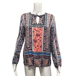 Tribal Pink Blue Floral Bohemian Blouse Top Size S